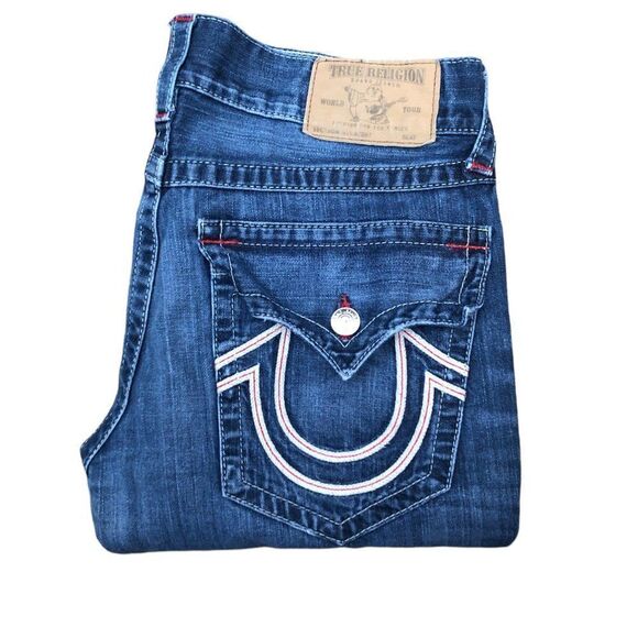 TRUE Religion Jeans Size 34 STRAIGHT FLAP NATURAL RED HORSESHOE Blue - Picture 6 of 10
